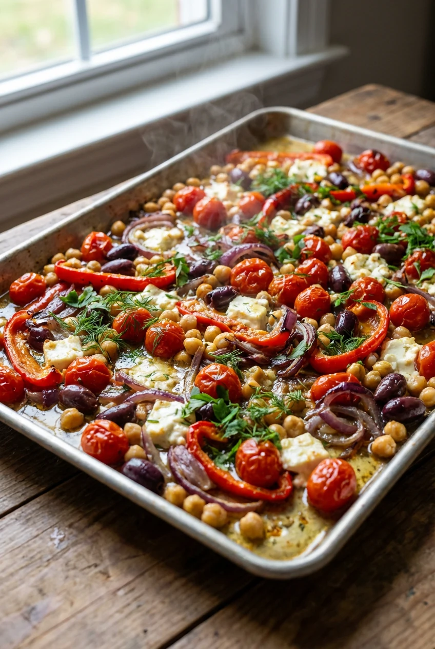 Cooking process: sheet pan just finished, roasted tomatoes, red onion, peppers, olives, and chickpeas tossed around soft