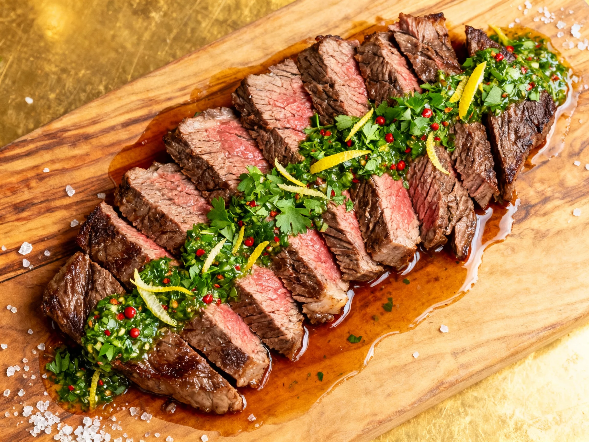 Food photography, Overhead shot: Medium-rare flank steak sliced thin against the grain, fanned on a board with bright ch