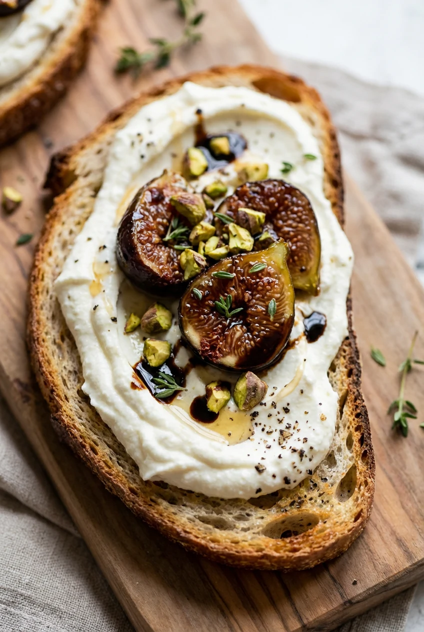 Close-up of toasted sourdough with a creamy whipped ricotta–mascarpone swoop topped by jammy roasted figs; chopped pista