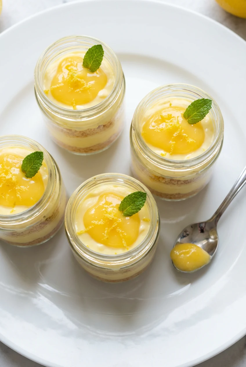 Tasty top view, Lemon Cream Parfaits: overhead shot of tidy layers—shortbread crumbs, lemon-zesty cream, and a glossy sp