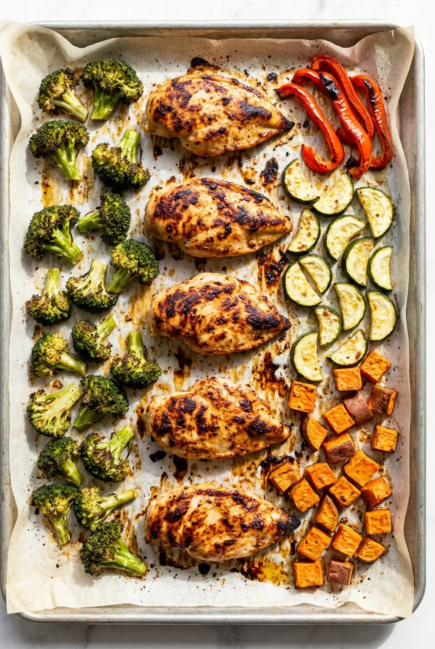 Overhead shot of parchment-lined sheet pan at roast stage 2: evenly spaced chicken cutlets surrounded by broccoli floret