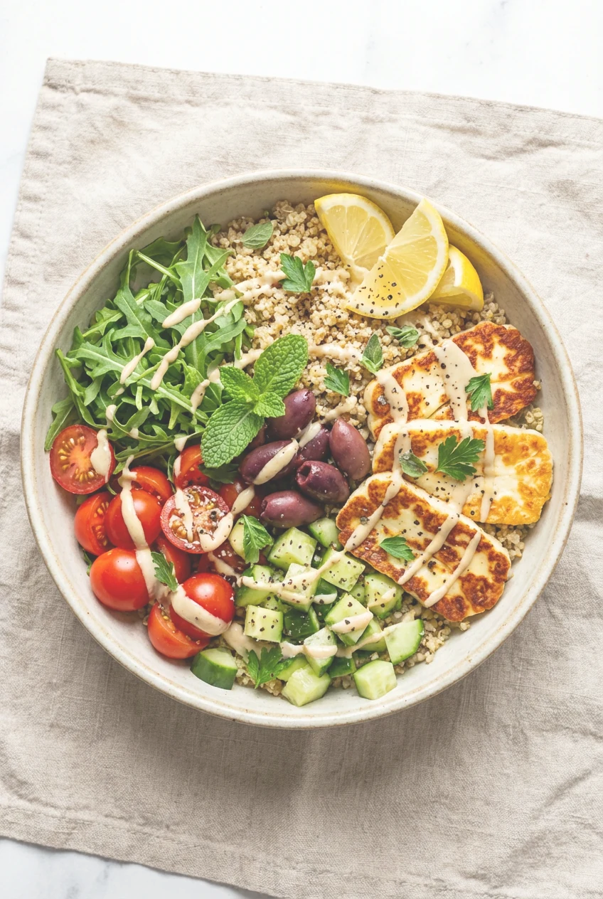 Overhead shot of a Mediterranean quinoa bowl topped with pan-seared halloumi, cucumber, cherry tomatoes, olives, arugula