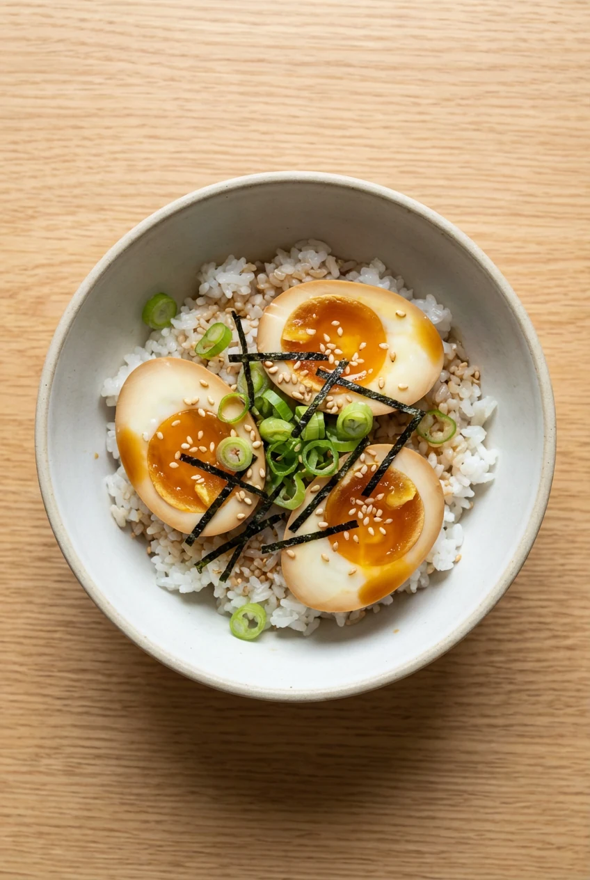 Overhead shot of shoyu-marinated jammy eggs over warm rice: halved eggs with caramel-brown soy rims, scallions, toasted 