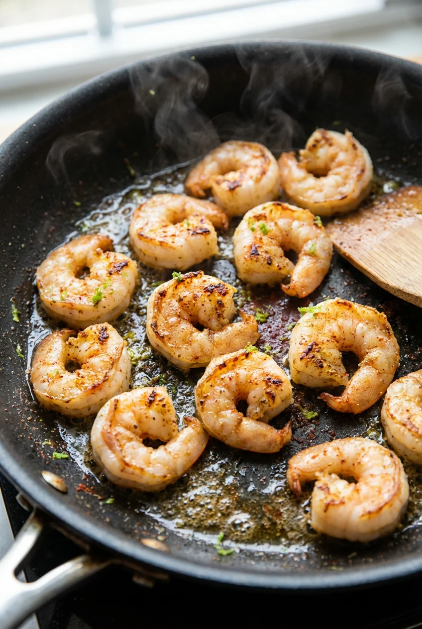 Chili-lime shrimp sizzling in a nonstick skillet, curled just opaque with light char, specks of chili powder, cumin, and