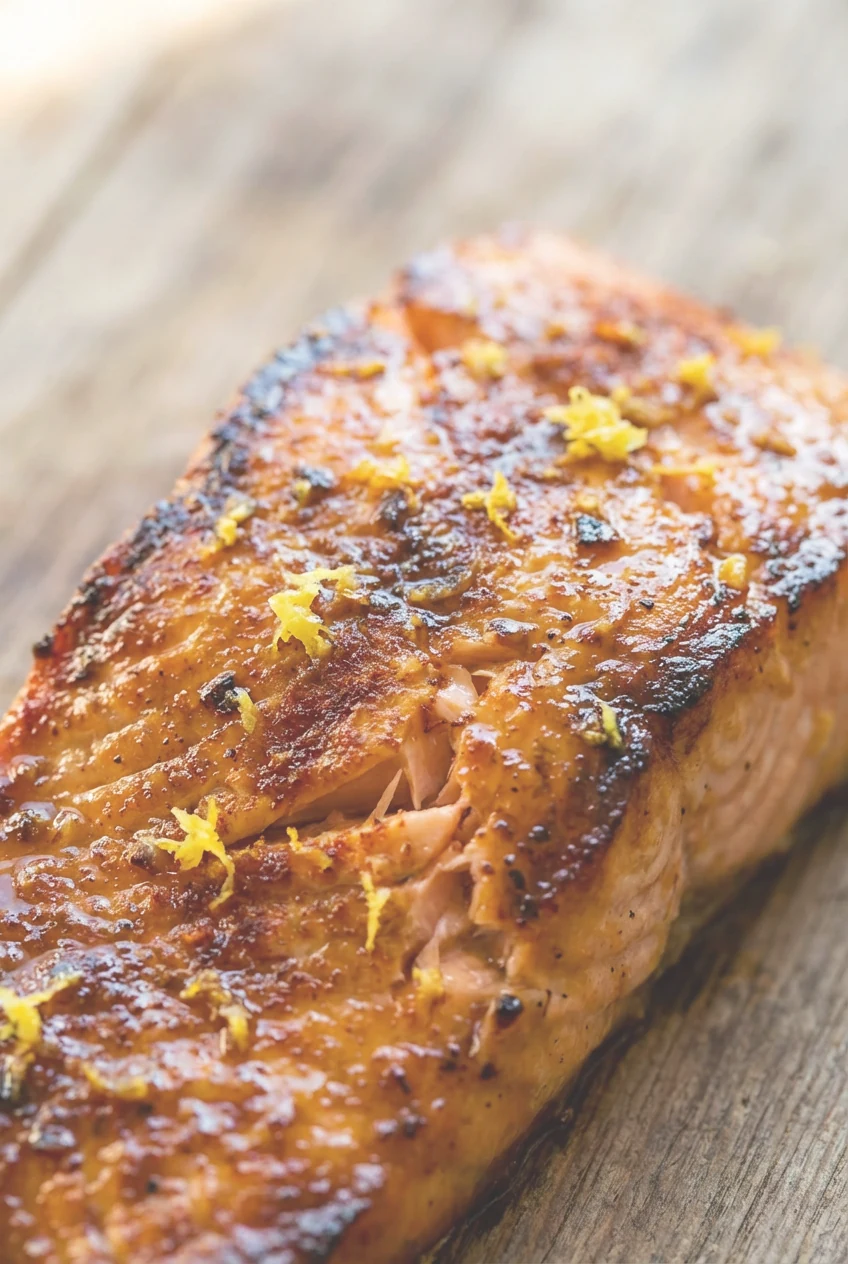 2. Close-up of char-kissed salmon after the single flip, glossy honey-Dijon-soy glaze with lemon zest speckles and smoke