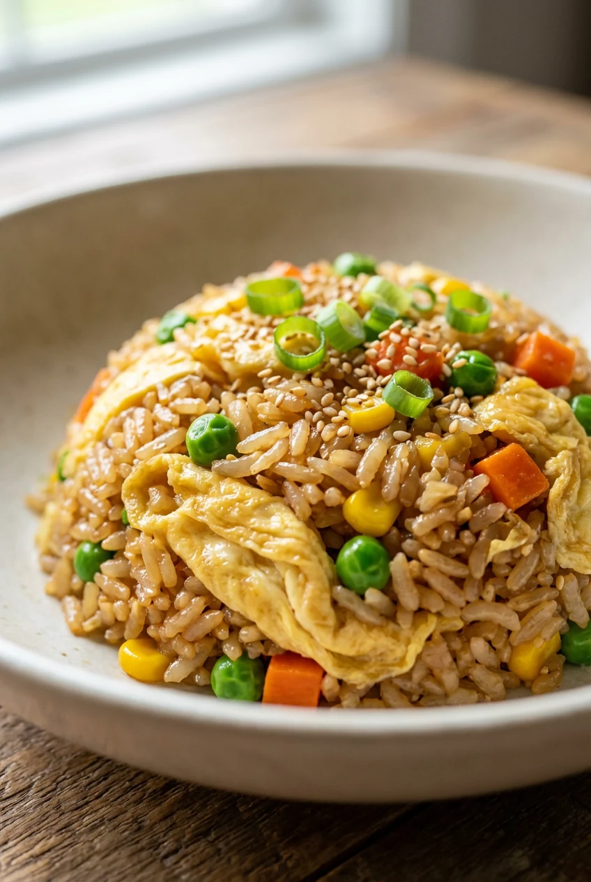 Close-up detail: separate, glossy soy-sesame fried rice grains with custardy egg ribbons, bright peas, carrots, and corn