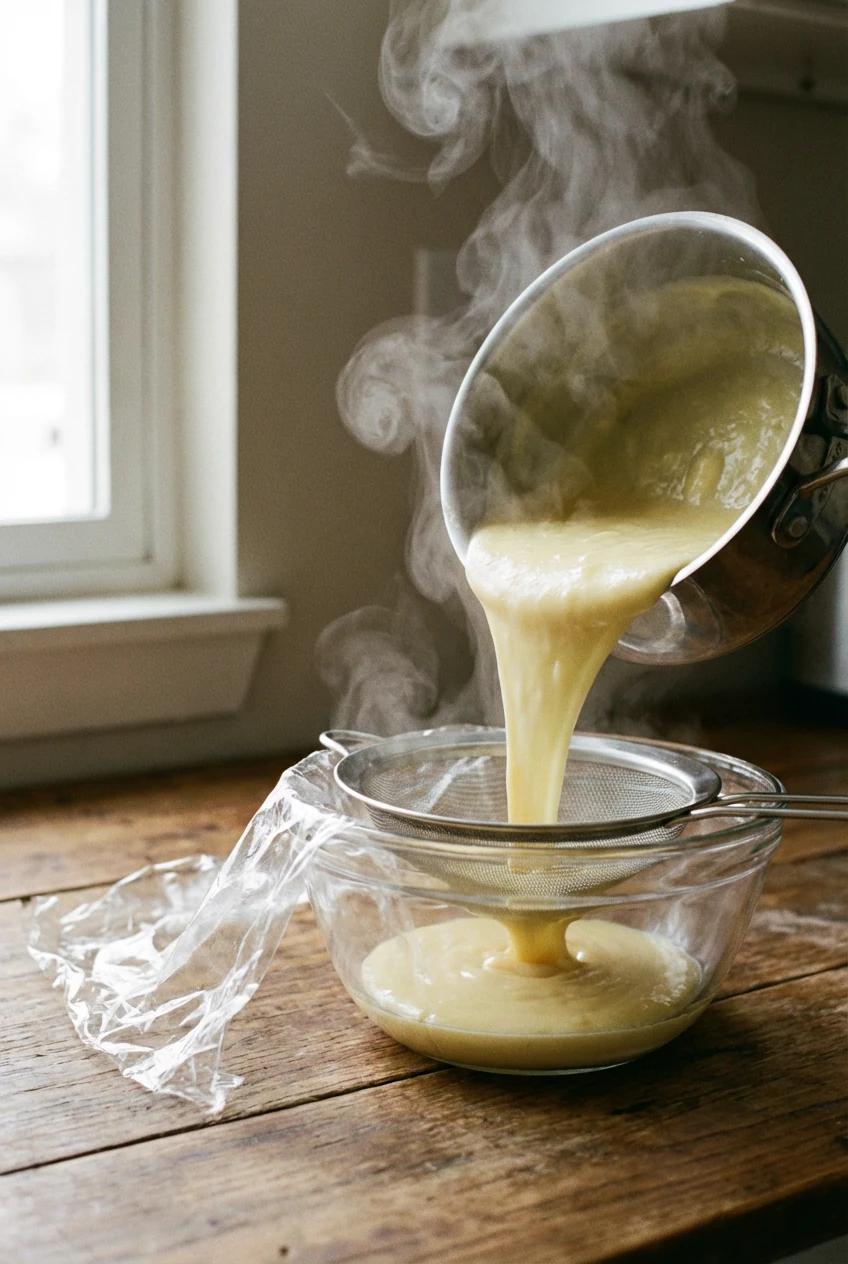 Cooking process: pudding pouring through a fine-mesh strainer into a glass bowl, captured mid-stream; steam and sheen vi