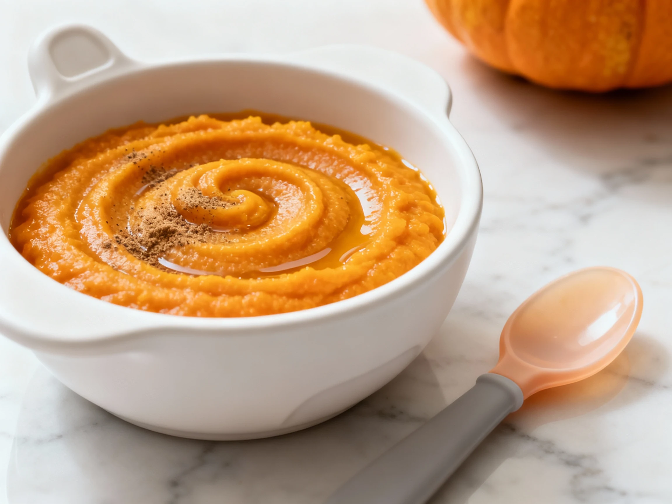 Food photography, 2. Final dish: Pumpkin purée with a delicate nutmeg dust and smooth swirl in a matte white ceramic bab