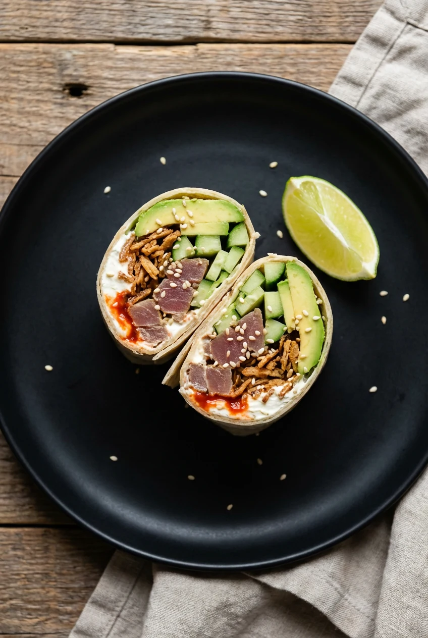 Overhead shot of Spicy Tuna Crunch wrap, bias-sliced to reveal cream cheese–sriracha barrier, soy-lime tuna, cucumber ba