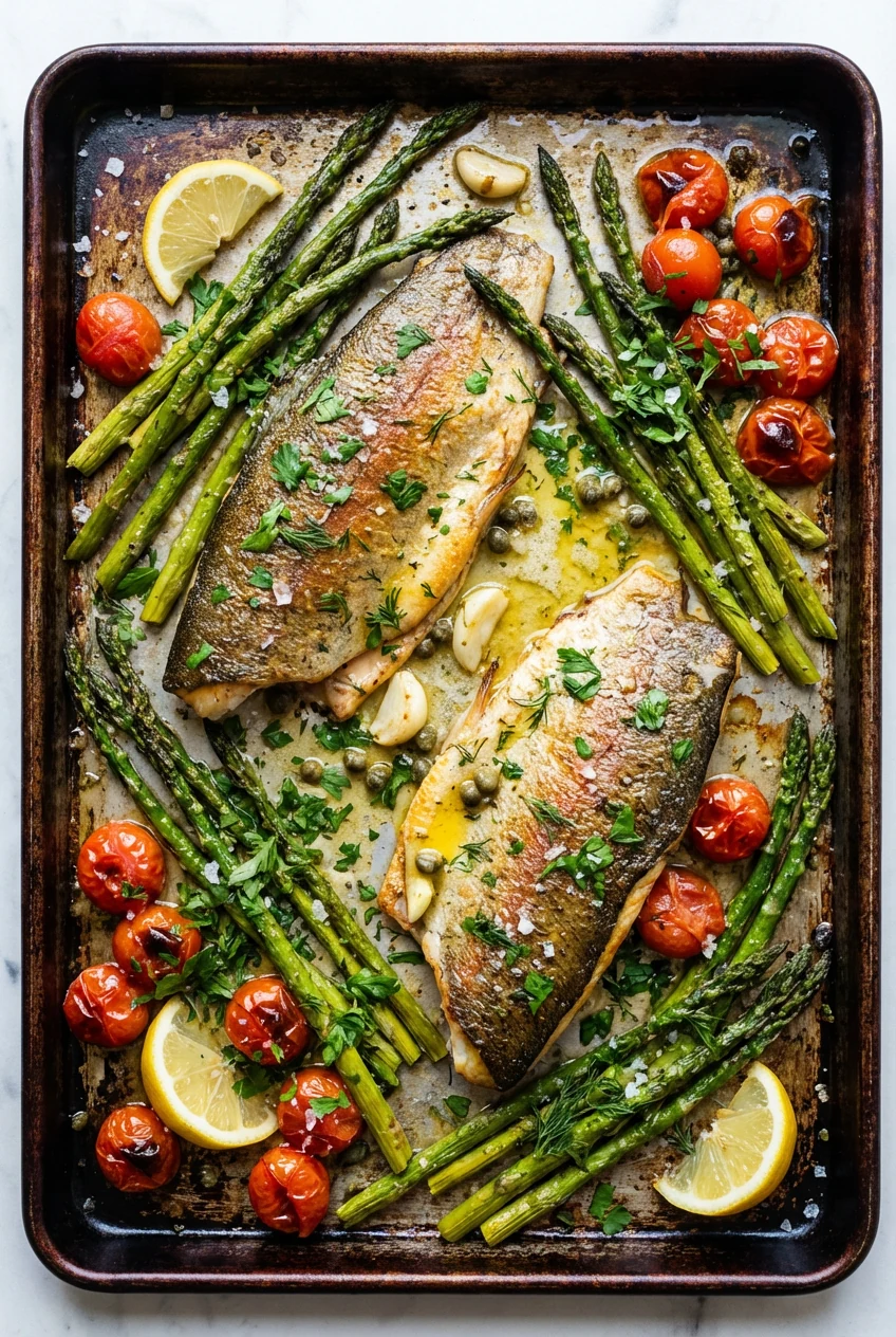 2. Overhead shot of a one-pan trout dinner: roasted fillets with crisp skin, thin asparagus and burst cherry tomatoes, l