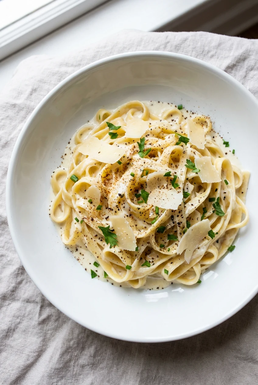 Overhead shot of fettuccine in velvety white sauce; glossy noodles, Parmesan shavings, cracked black pepper, a whisper o