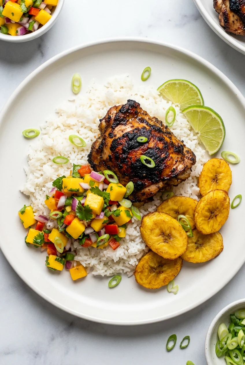 Overhead shot of the final plate: mounded coconut jasmine rice, charred jerk chicken thigh, bright mango salsa, and gold