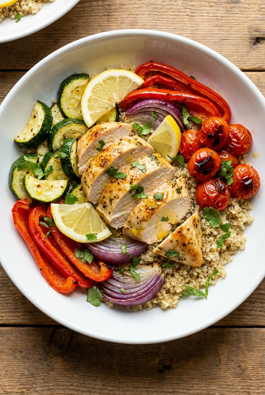Overhead shot of Sheet-Pan Citrus Herb Chicken with Quinoa & Veggies in a white ceramic bowl: fan of juicy chicken over 