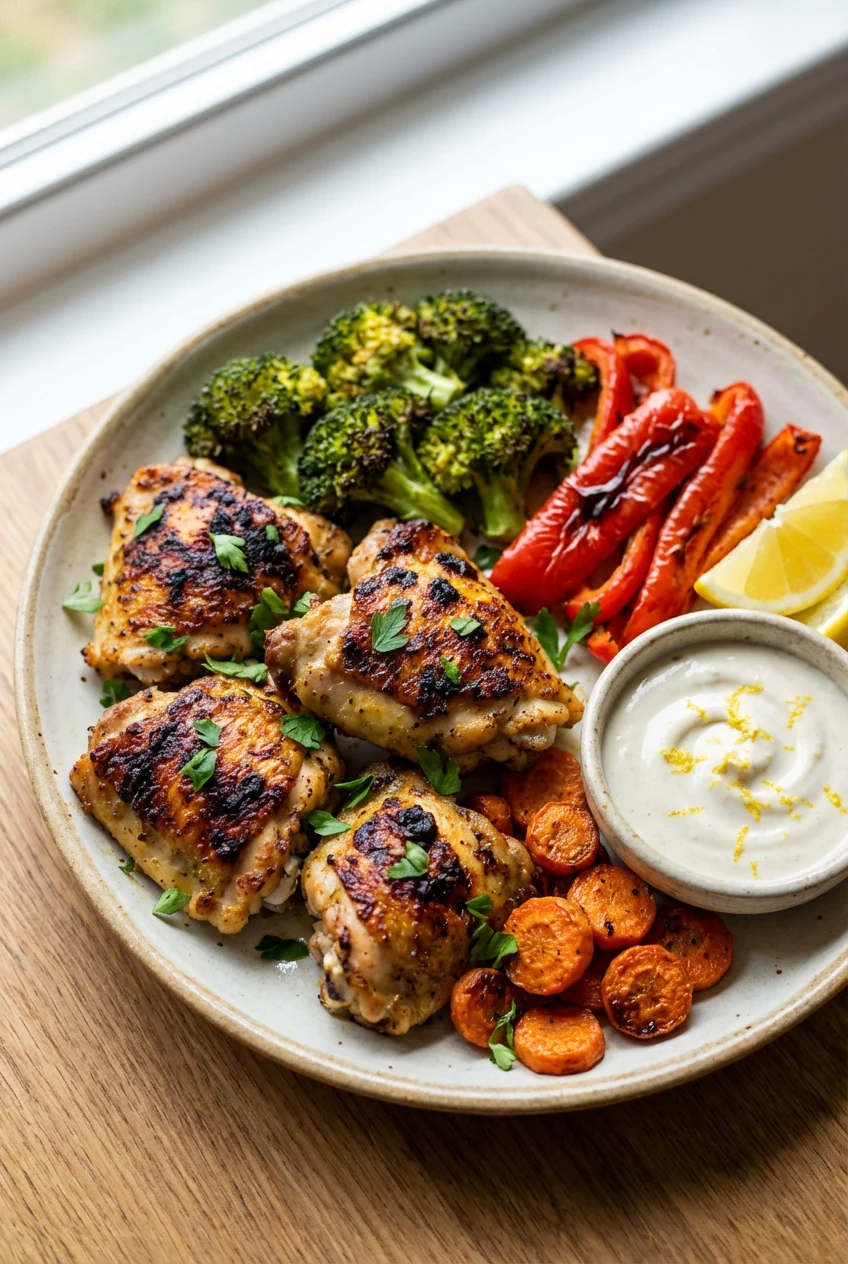 Beautifully plated air-fried lemon-garlic chicken and veggies on a matte white plate: crisp-edged 1-inch chicken pieces 