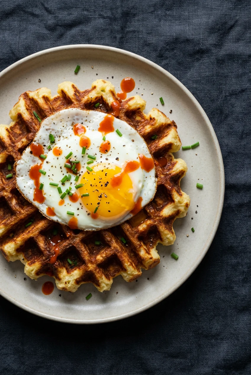 2. Overhead shot of mashed potato waffles plated with a runny fried egg and hot sauce drizzle; ultra-crisp ridges; chive