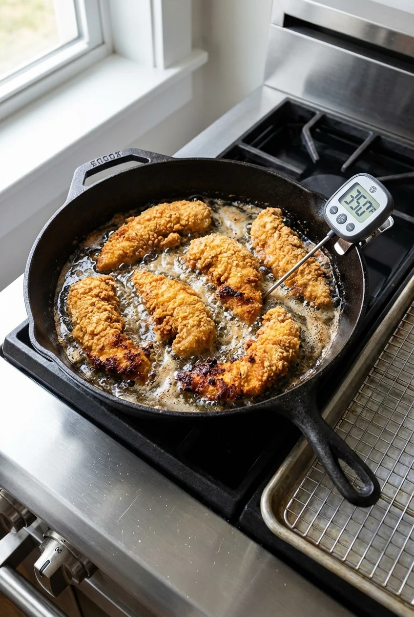 2. Cooking process: chicken tenders sizzling in a skillet at 350°F, craggly flour–cornstarch coating bubbling in peanut 