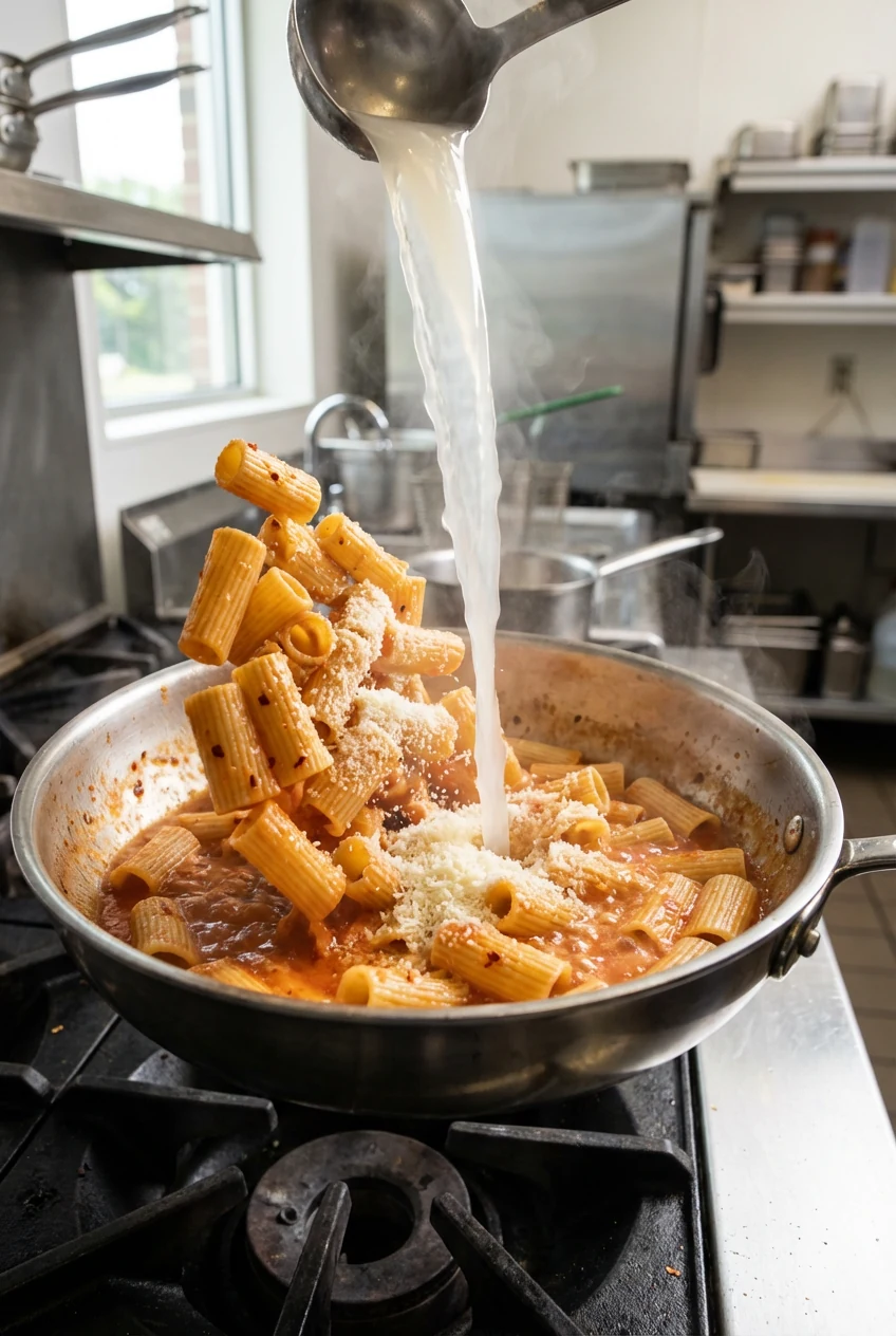 2. Cooking process: ridged rigatoni being tossed directly in the pan with the sauce; starchy pasta water added and grate
