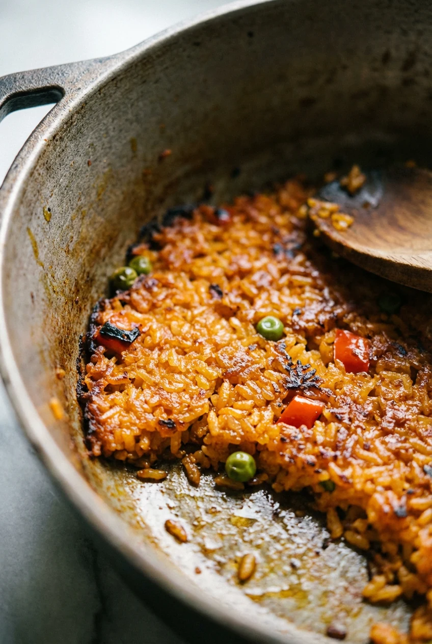 Close-up detail of pegado: golden, crispy annatto-stained rice crust clinging to the caldero with caramelized edges and