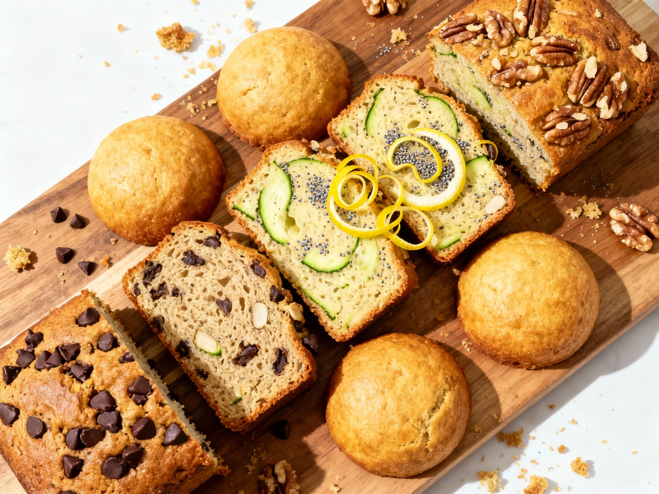 Food photography, Overhead shot of assorted zucchini bread slices on a wooden board—chocolate chip studded, lemon–poppy 