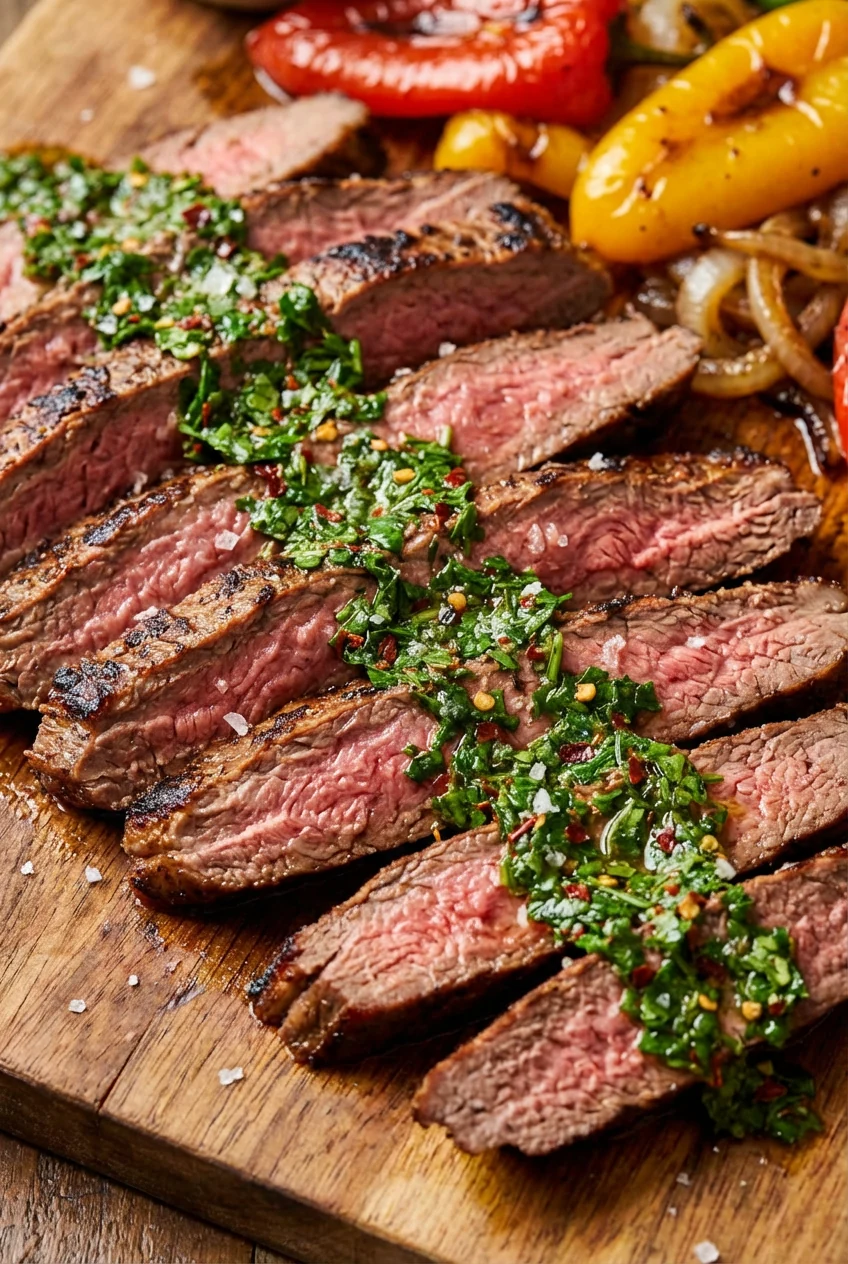 Close-up of thinly sliced flank steak (against the grain) with a rosy 145°F center and charred edges, glossy chimichurri