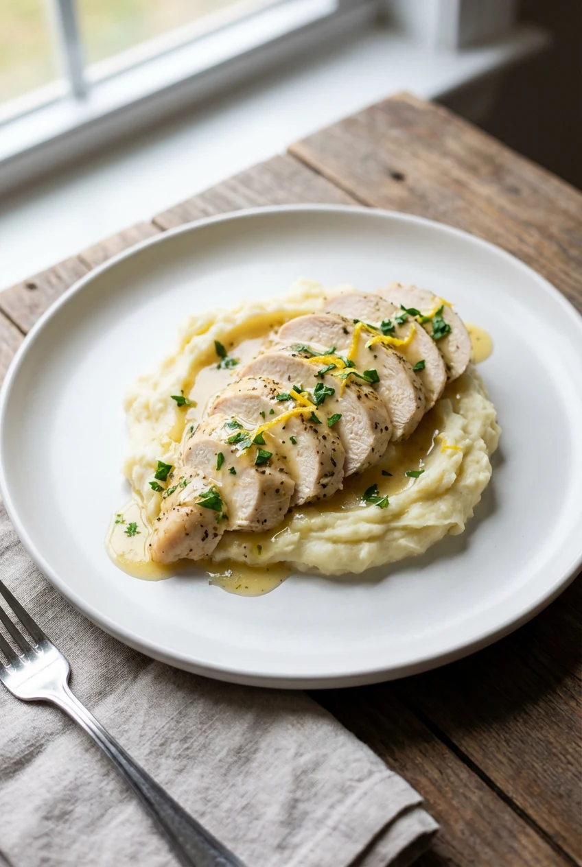 Final dish: beautifully plated lemon-herb slow cooker chicken breast fanned over garlic mashed potatoes, drizzled with b
