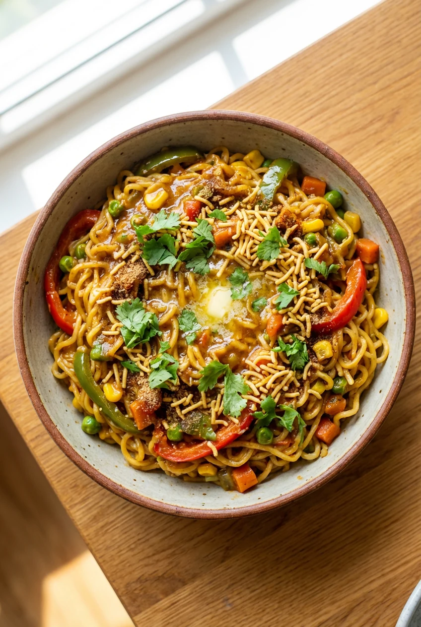 2. Tasty top view: Overhead bowl of street-style Maggi—springy noodles coated in clinging masala with sautéed bell peppe