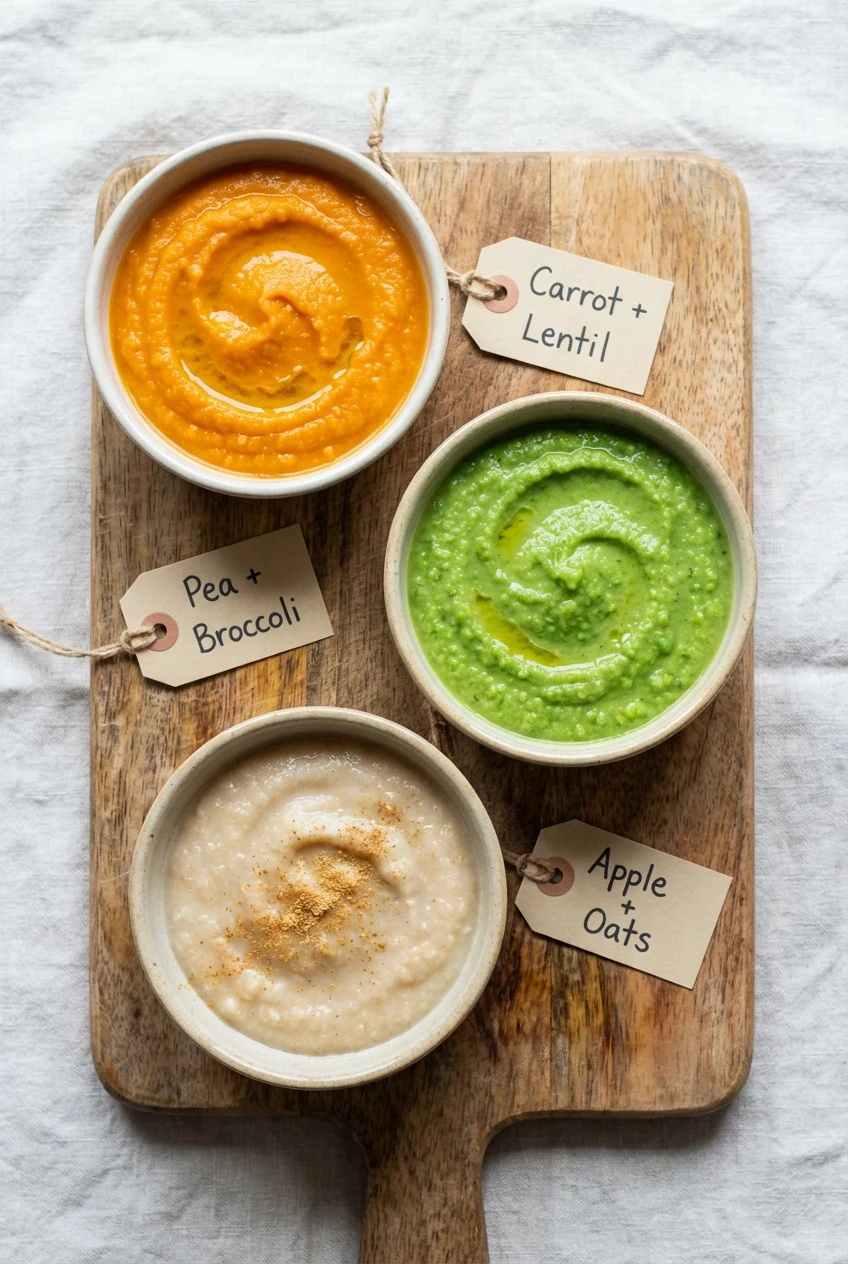 Overhead shot of three Stage 2 combo purees in small bowls: carrot + lentil (sunset orange, olive oil sheen), pea + broc