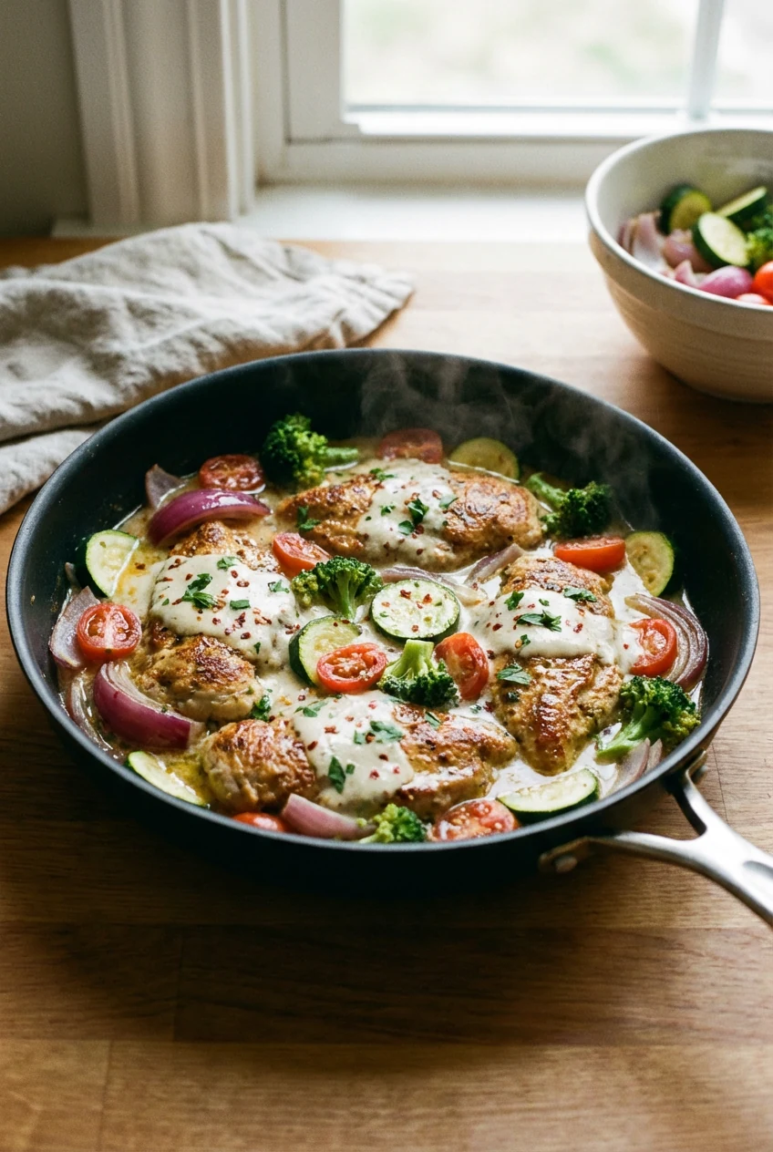 Three-quarter angle of a nonstick skillet off-heat as velvety yogurt sauce coats browned chicken cutlets, sautéed red on