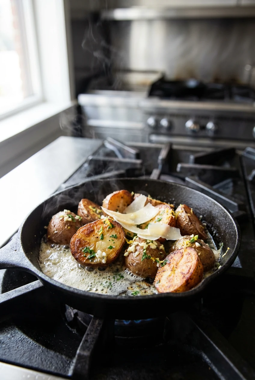 Cooking process: hot roasted russet potatoes being finished in a small pan, melted butter sizzling with minced garlic cl