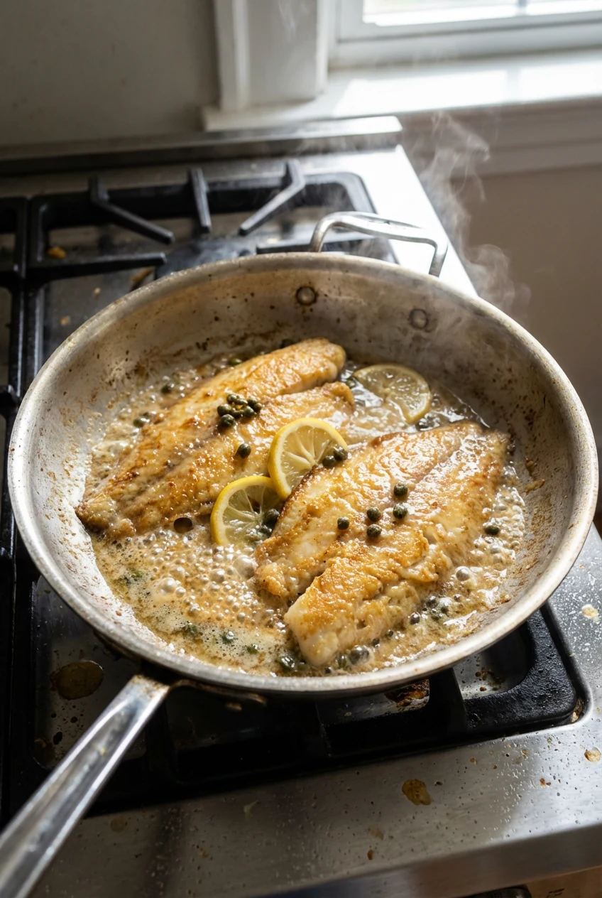 Cooking process: pan-seared flounder piccata in a stainless skillet, butter-lemon-caper-garlic sauce bubbling around lig