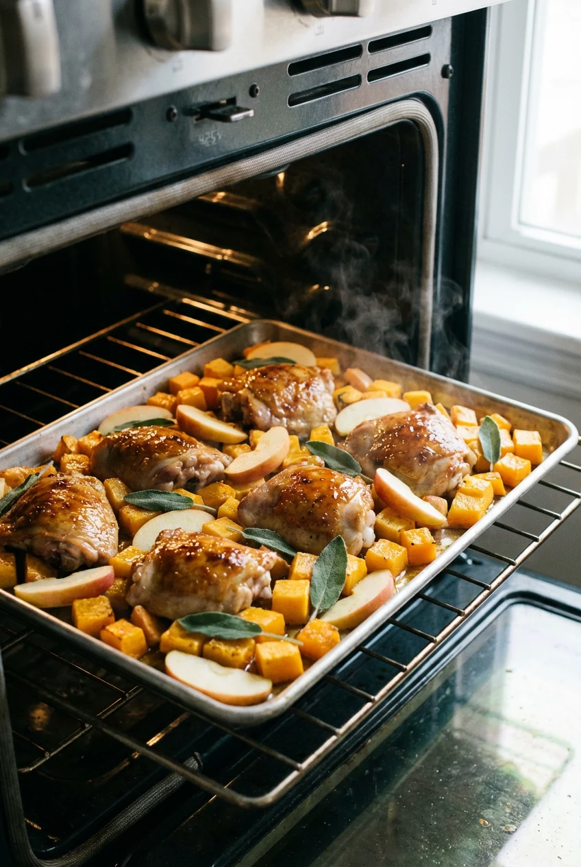 Cooking process shot: sheet-pan roast at 425°F, midway through; apple slices and oiled sage leaves freshly tucked around