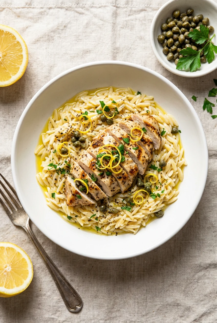 Overhead shot of Lemon-Garlic Orzo with juicy sliced chicken, capers, bright lemon zest curls, parsley, cracked black pe