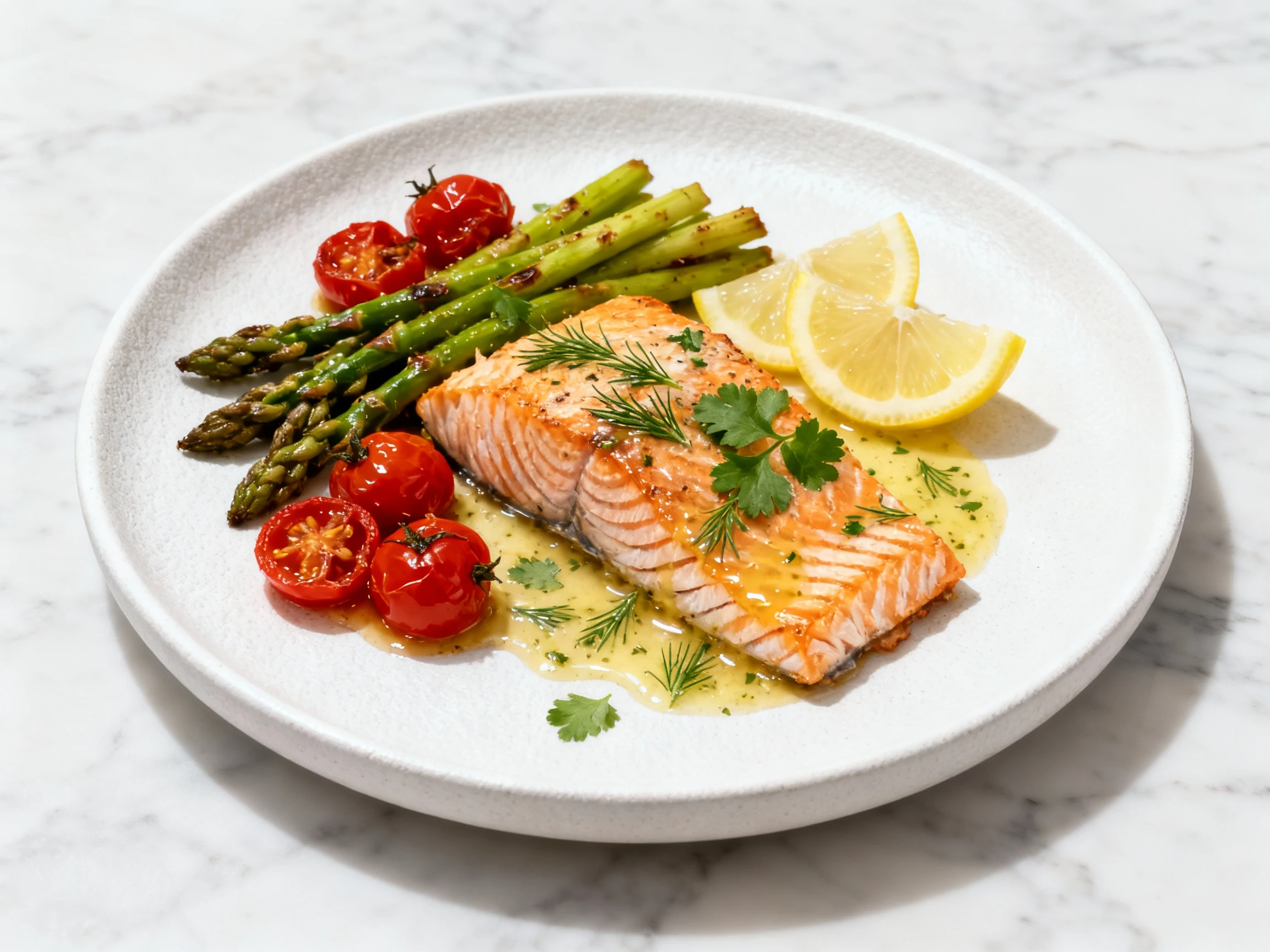 Food photography, Beautifully plated oven-baked salmon with roasted asparagus and burst cherry tomatoes, glossy lemon–ga