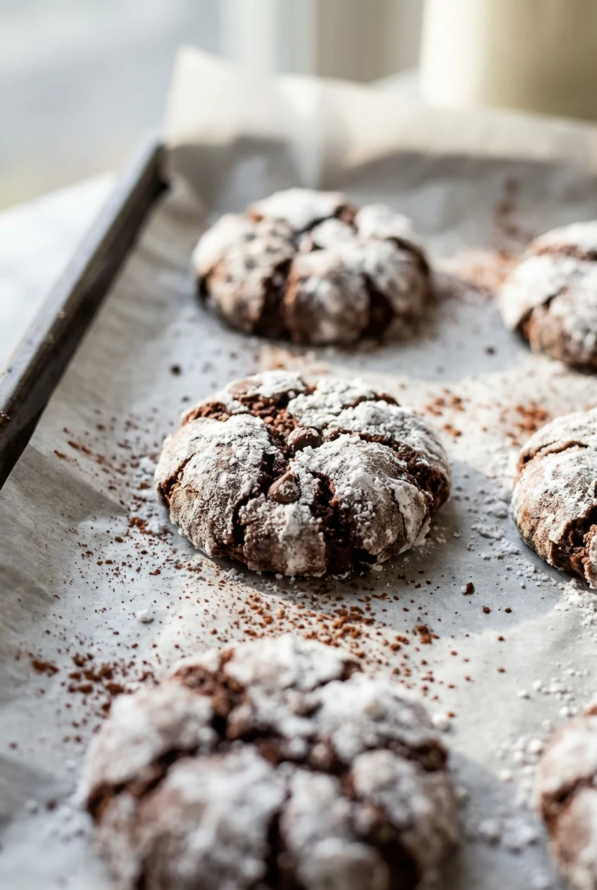 Close‑up of chocolate peppermint crinkles fresh from the oven: deep Dutch‑process cocoa crumb with bold crinkle lines, t