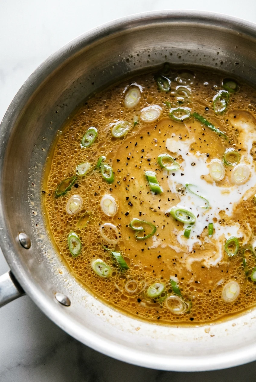 Close-up detail: Silky miso–ginger scallion pan sauce finished off heat with a splash of coconut milk; emulsified gloss,