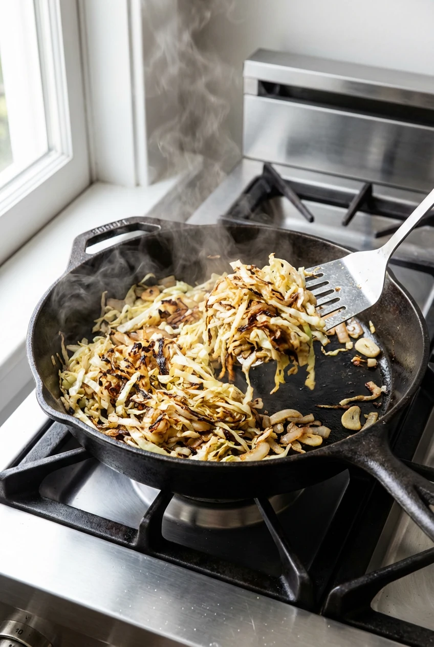 Cooking process shot: cabbage mid-sauté in a large cast-iron skillet at high heat, some shreds deeply browned, softened 