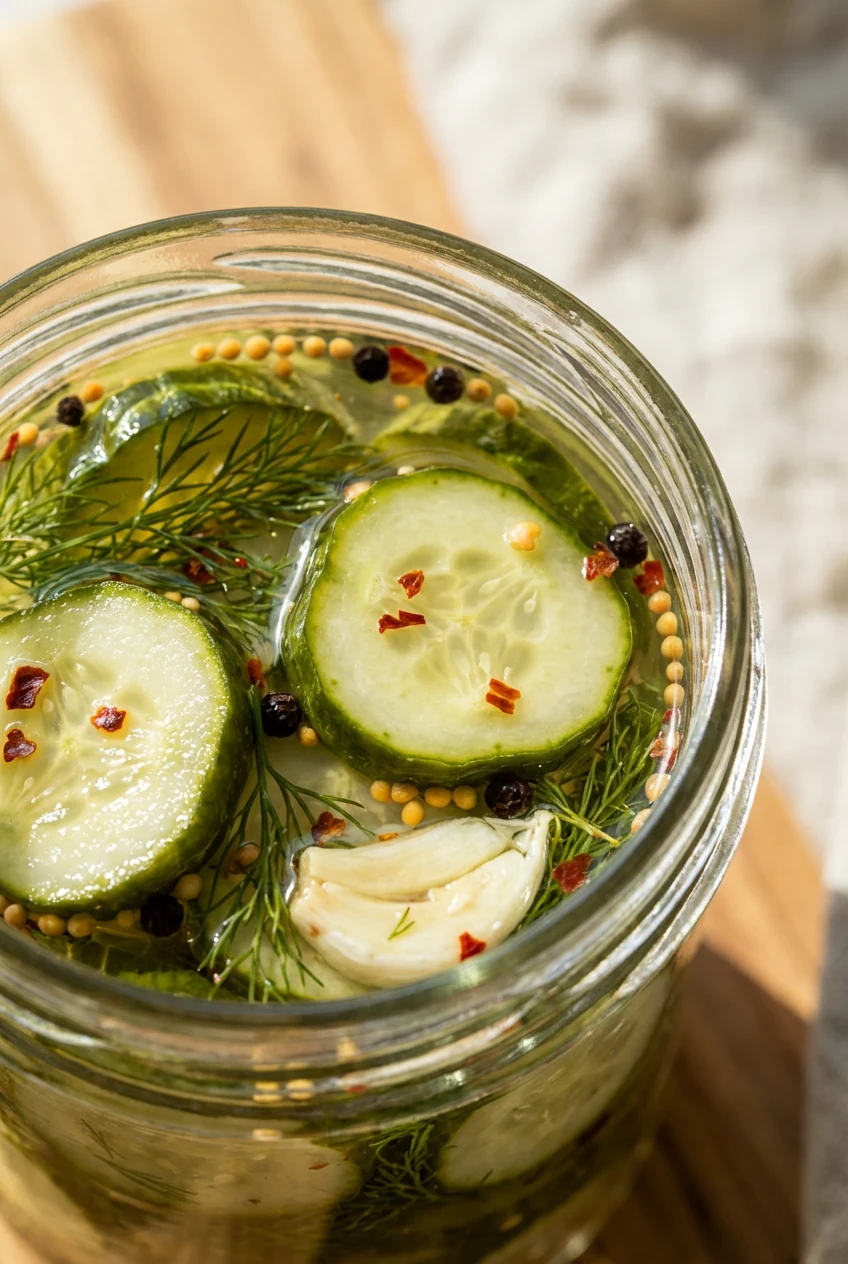 Macro close-up of spicy garlic-dill pickle chips submerged in crystal-clear brine, showing crisp cucumber edges, lacey d