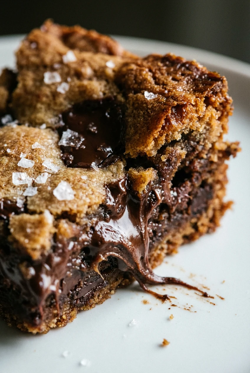 Extreme close-up of a warm cookie bar square showing gooey dark chocolate pockets, chewy brown-sugar crumb, and a crisp 