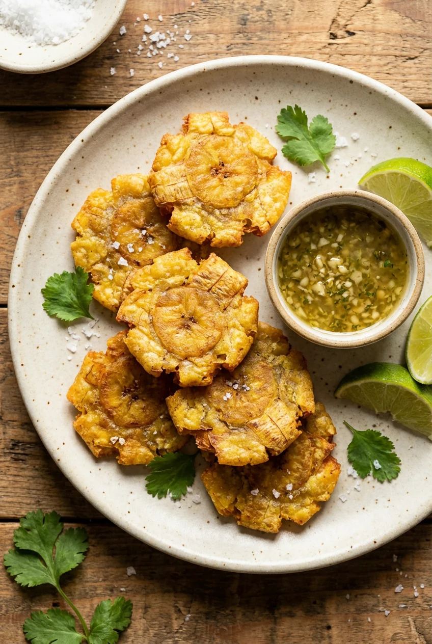 Overhead shot of crispy tostones on a matte ceramic plate with a ramekin of garlic-lime mojo (garlic, lime juice, olive 