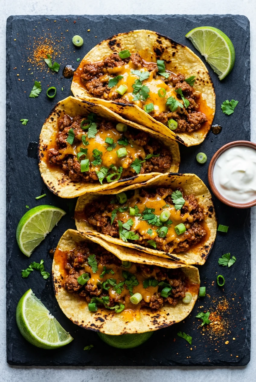 Tasty top view: overhead shot of spiced ground beef tacos in charred corn tortillas, saucy meat, melted cheddar, cilantr
