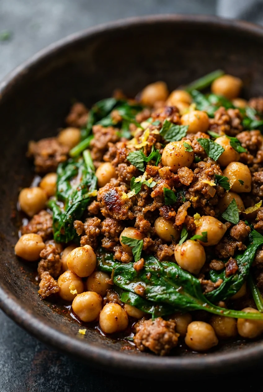 Extreme close-up of glossy spiced lamb crumbles and chickpeas folded with just-wilted spinach, flecks of lemon zest and 