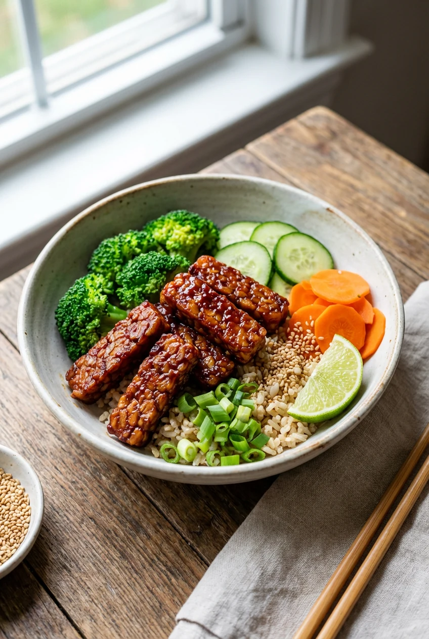 Beautifully plated sticky chili-garlic tempeh bowl: glossy mahogany tempeh over brown rice with steamed broccoli, cucumb