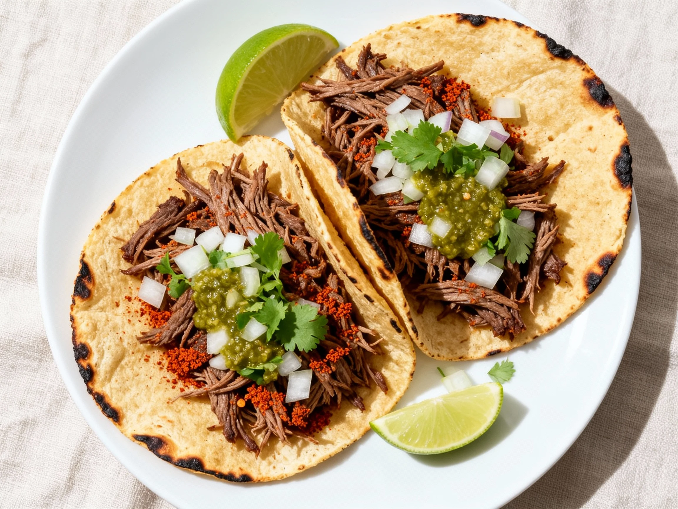 Food photography, Overhead shot of street-style shredded beef tacos on warm corn tortillas, topped with diced onion, cil
