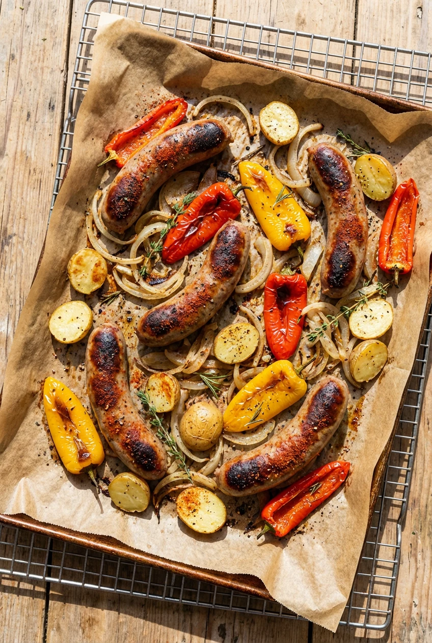 2. Overhead shot of oven sheet-pan brats: top-down view of roasted brats nestled over caramelized onions, red/yellow pep