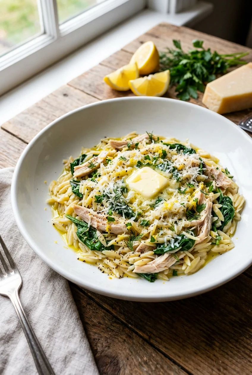 Beautifully plated Lemon Herb Chicken Orzo in a white shallow bowl: silky orzo folded with shredded rotisserie chicken,