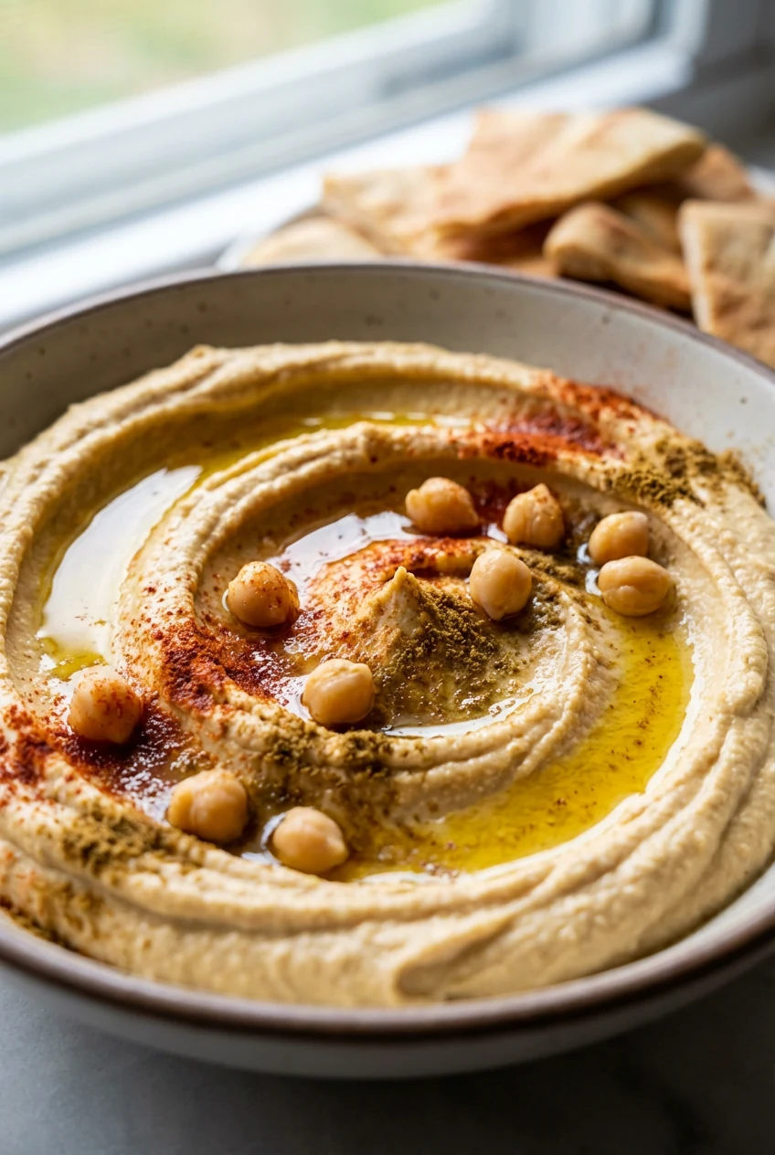 2. Close-up detail: Quick smoky hummus swirled silky in a shallow bowl, glossy olive oil drizzle pooling in the grooves,