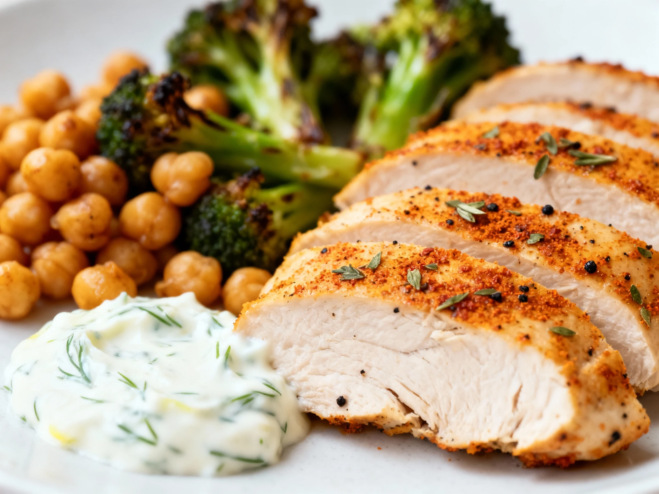 Food photography, Close-up of juicy sliced chicken breast with golden smoked-paprika crust and flecks of oregano and bla