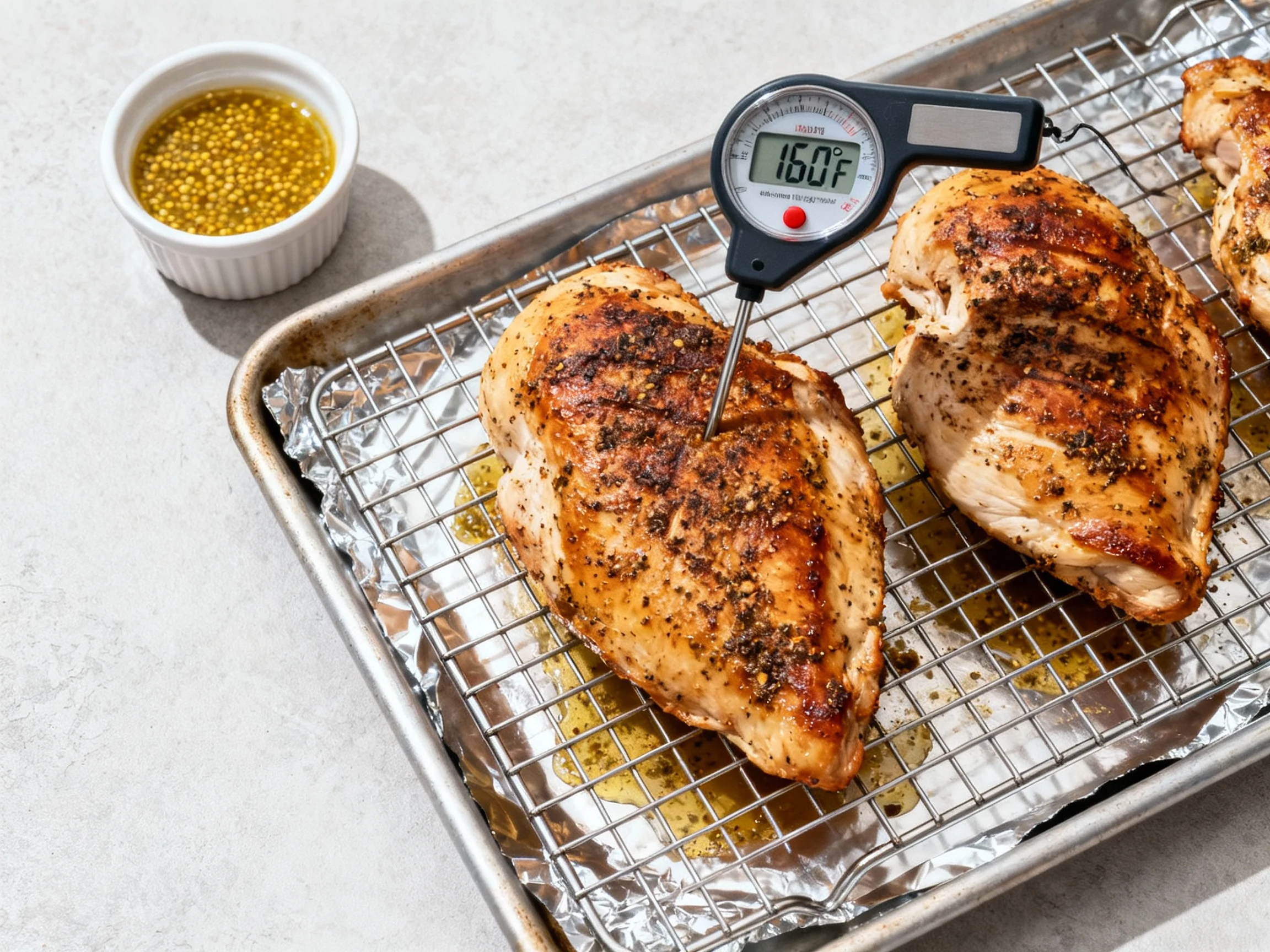 Food photography, Overhead process shot: spice-rubbed baked chicken breasts on a wire rack over a foil-lined sheet pan, 