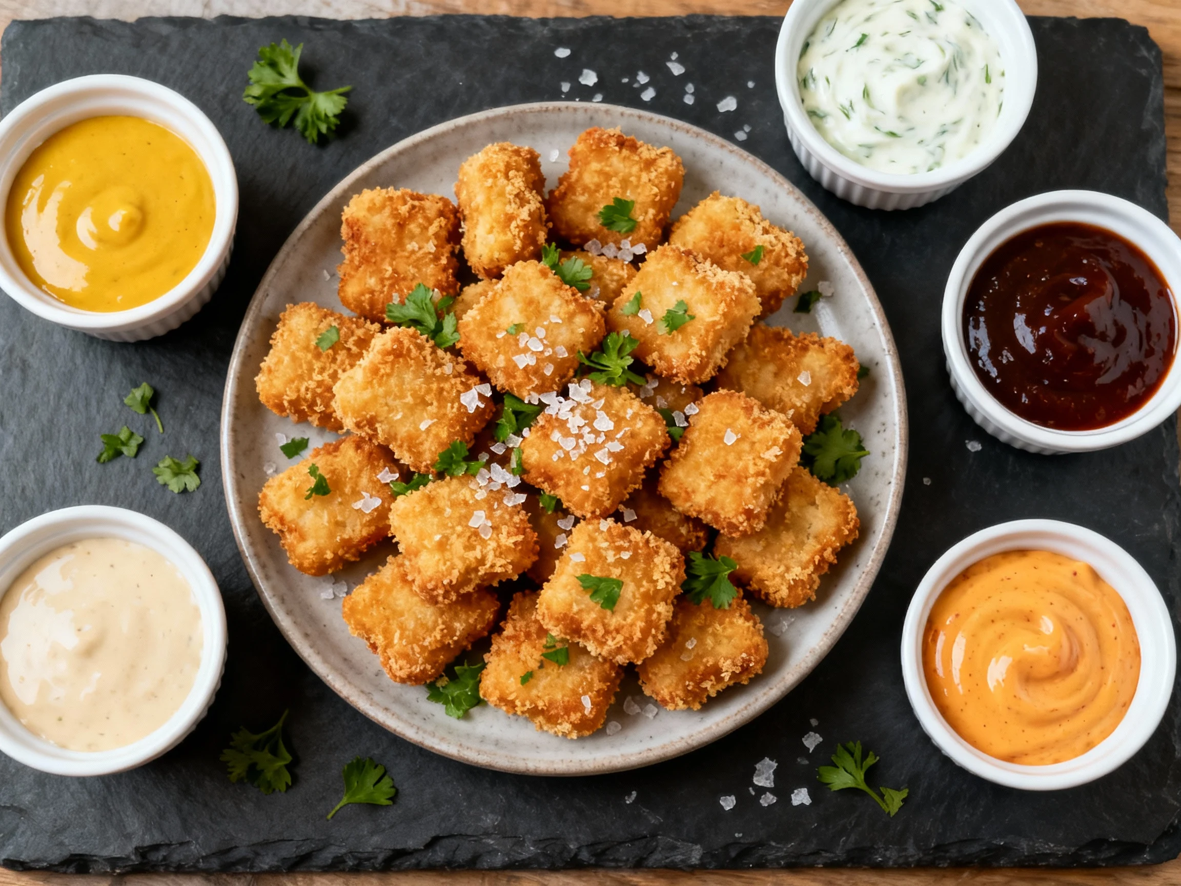 Food photography, 2. Overhead shot of a platter of 1-inch chicken nuggets with shatter-crisp panko crust, sprinkled with