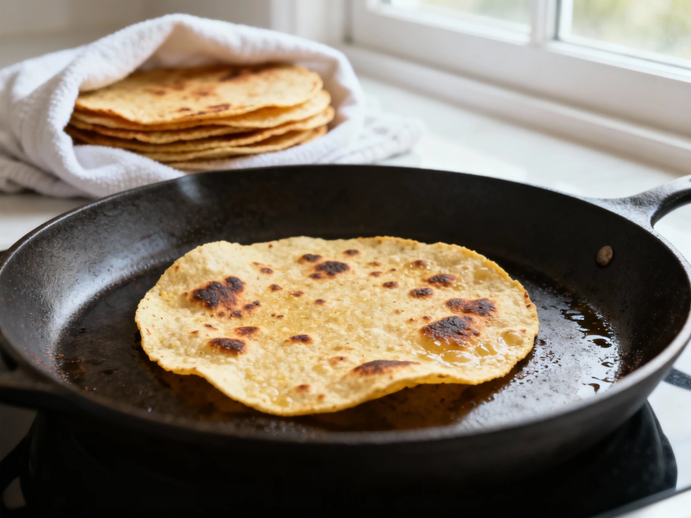 Food photography, Close-up of a corn tortilla blistering in a dry skillet—light char, browned spots, pliable texture; a 